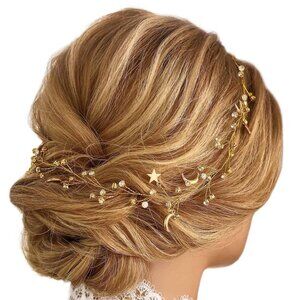 Star Rhinestone Hair Vine Gold Moon Headpiece Bridal Headband Crystal Bride Wedd